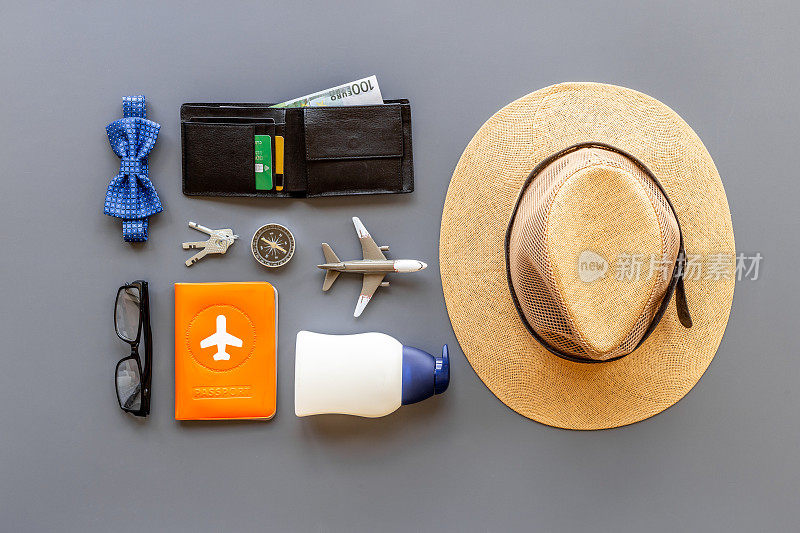 Man traveler outfit vacation layout。男性配件俯视图